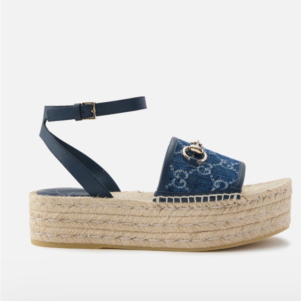 Gucci Paloma Denim Espadrille Flatform Platform Horsebit Sandals Brand New!